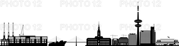 Illustration of hamburg city skyline in germany with the industry, harbor with ship and boat and the airport with airplanes and architecture isolated on white background