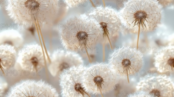 A cluster of white dandelions in soft focus, giving a delicate and airy feel, AI generated