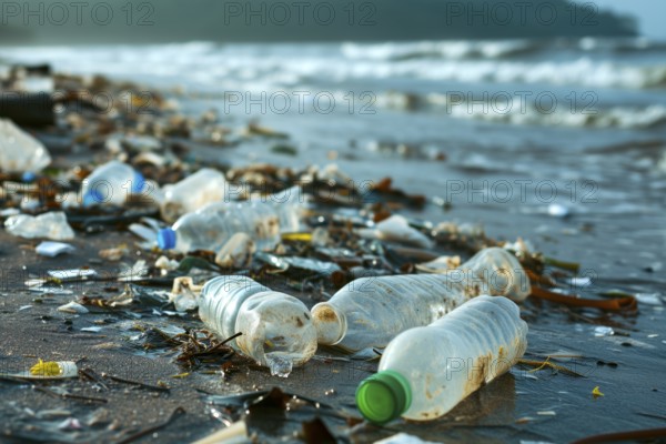 Plastic waste covers a beach and pollutes the natural environment, depressing atmosphere, AI generated, AI generated