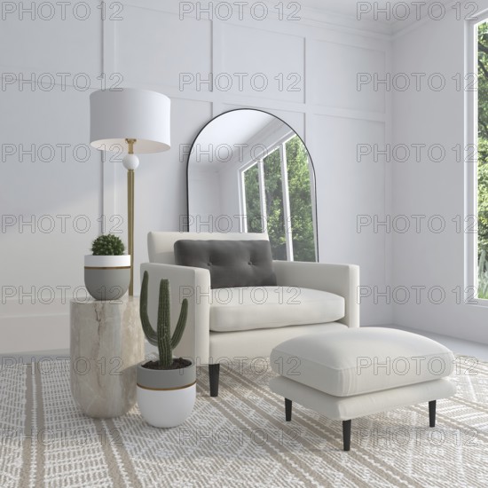 Bright living room with an armchair, plants, lamp, and large mirror