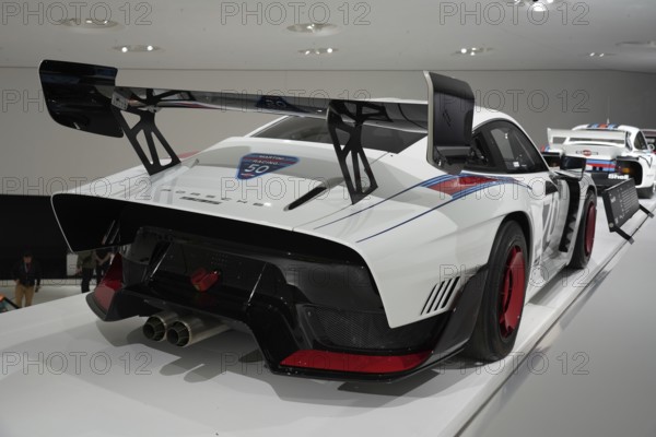 Porsche 935, White sporty racing car with spoiler in an exhibition, New Porsche Museum 2009, Stuttgart, Baden-Württemberg, Germany, Europe