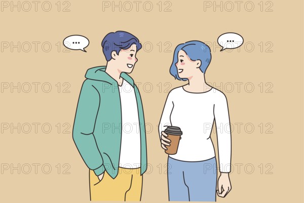 Stylish teenage couple enjoy date out communicating and laughing. Trendy subculture man and woman talk and chat chilling together. Relationship and diversity. illustration