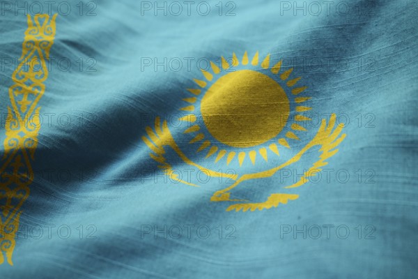 Closeup of Ruffled Kazakhstan Flag, Kazakhstan Flag Blowing in Wind