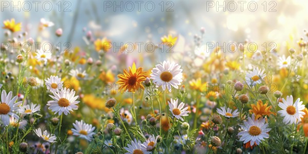 Illustration of a beautiful colourful flower meadow with a blue sky and impressive clouds. Depicted in the style of an oil painting. AI generated, AI generated, AI generated
