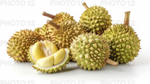 Multiple durians with spiky shells and split open to display creamy yellow flesh, on white background, AI generated