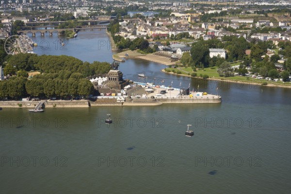 The Rhine in Flames event site around the Deutsches Eck in Koblenz. The Rhine in Flames fireworks spectacle takes place every year from May to September along the most beautiful stretches of the Rhine, Koblenz, Rhineland-Palatinate, Germany, Europe