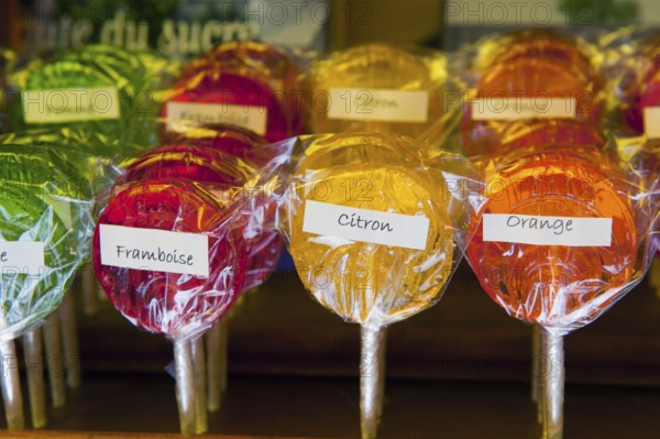 Sweet French fruit lollipops in different colors