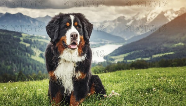 Ai generated, animal, animals, mammal, mammals, biotope, habitat, an, individual animal, wildlife, Bernese mountain dog, Bernese, mountain dog, dog, domestic dogs (Canis lupus familiaris), dog rabbit, mountain dogs, Switzerland, alpine meadow, Europe