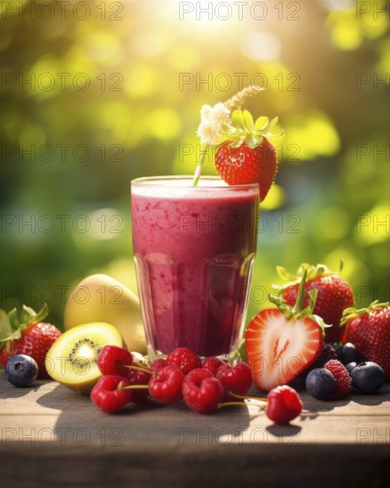 Fresh fruit shake in a glass, smoothie, milkshake, wild berry, strawberry, blueberry, raspberry, kiwi, wellness drink, sunrise, forest, AI generated