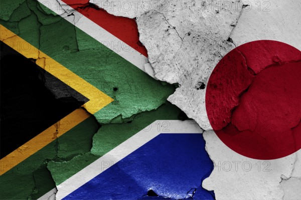 Flags of South Africa and Japan painted on cracked wall