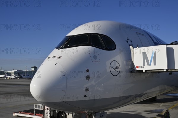 Lufthansa Airbus A350-900, cockpit and cabin with passenger boarding bridge at check-in position in front of Terminal 2 with blue sky, Apron 2 East, Terminal 2, Munich Airport, Upper Bavaria, Bavaria, Germany, Europe