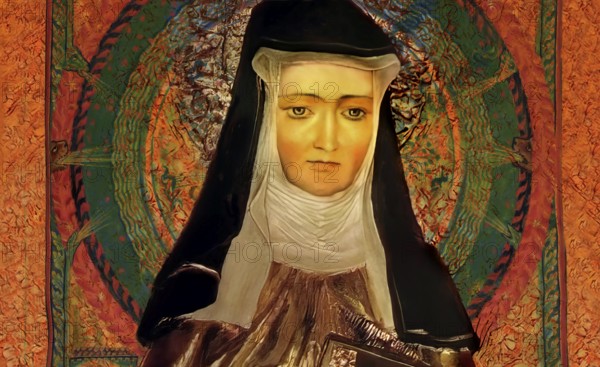Figure of Hildegard of Bingen, Sibyl of the Rhine, 1098 – 1179, German Benedictine abbess and polymath, digitally edited