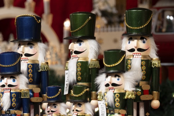 Various nutcrackers in a festive arrangement, popular Christmas decoration at a Christmas market, Cologne, North Rhine-Westphalia, Germany, Europe