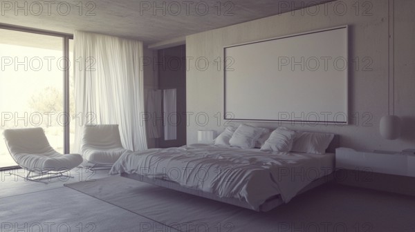 A modern minimalist bedroom with muted colors, concrete walls, a large bed, and plenty of natural light creating a serene atmosphere, with blank frame for art mockup, AI generated