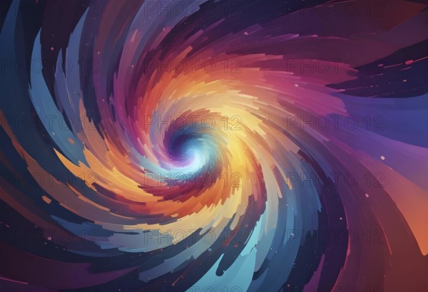 Abstract digital art featuring a dynamic, colorful whirl or spiral pattern with neon hues, AI generated