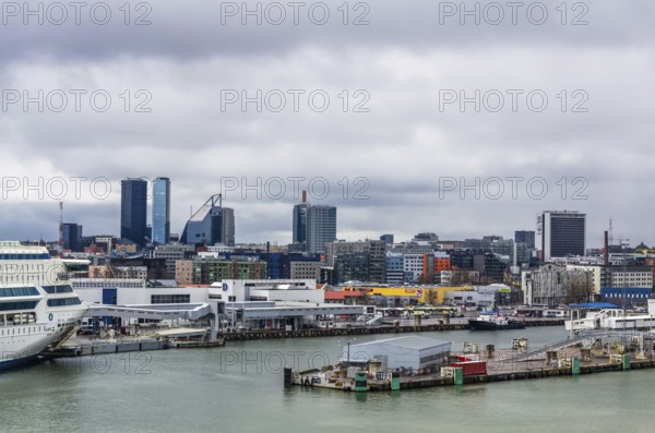 TALLINN, RUSSIA, APRIL 20: Morning view on sea port, ships and city at April 20, 2016 in Tallinn, Estonia, Europe