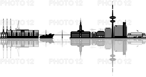 Illustration of hamburg city skyline in germany with the industry, harbor with ship and boat and the airport with airplanes and architecture isolated on white background with reflection