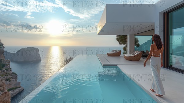 Attractive woman on the terrace of a villa in the style of Mediterranean modernism. Infinity pool and minimalist architecture in a Mediterranean setting with sea views. AI generated, AI generated