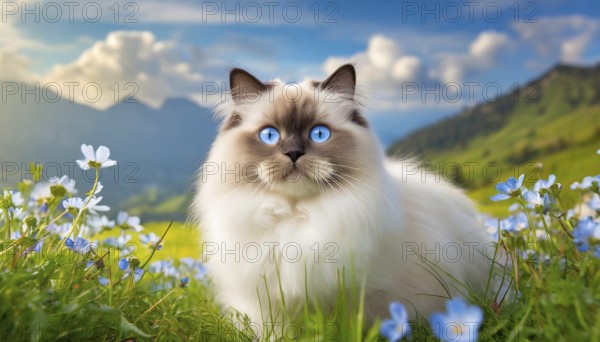 AI generated, animal, animals, mammal, mammals, cat, cats, ragdoll cat, one, single animal, portrait, meadow, frontal, blue eyes, long-haired cat, felidae (Felis catus)
