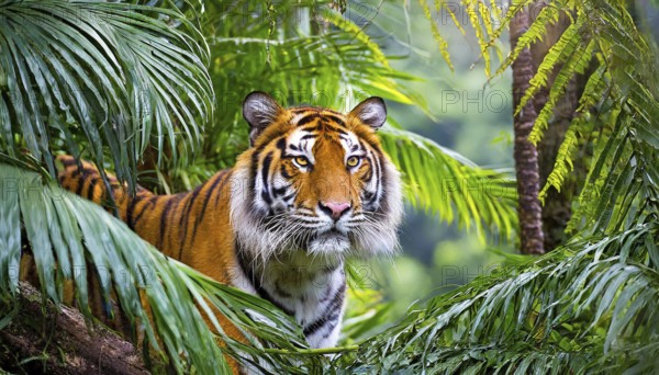 AI generated, animal, animals, mammal, mammals, biotope, habitat, one, individual, foraging, wildlife, Bengal tiger, Indian tiger, occurrence in India, Nepal, Bhutan and Bangladesh, solitary, rainforest, Asia