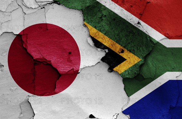 Flags of Japan and South Africa painted on cracked wall