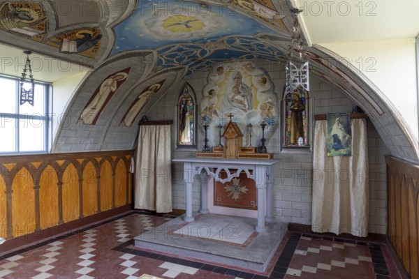 Chancel with wall paintings, Italian chapel, built by prisoners of war from Italy, Lamb Holm, Orkney, Scotland, Great Britain