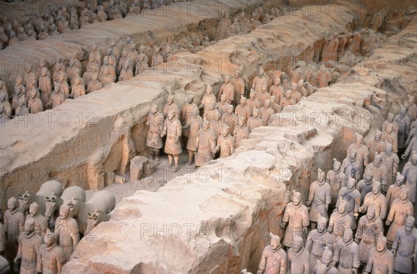 During a drought in 1974, farmers digging a well stumbled across one of the most amazing archaeological finds in modern history - the terracotta warriors.<br/><br/> The terracotta army, thousands of soldiers, horses and chariots, had remained secretly on duty for some 2, 000 years, guarding the nearby mausoleum of Qin Shu Huang / Qin Shi Huangdi, the first emperor of a unified China (r. 246 - 221 BCE). The infamous Qinshi is best known for his ruthless destruction of books and the slaughter of his enemies.<br/><br/> Each of the terracotta figures, some standing, some on horseback, and some kneeling, bows drawn, is unique, with a different hairstyle and facial expression