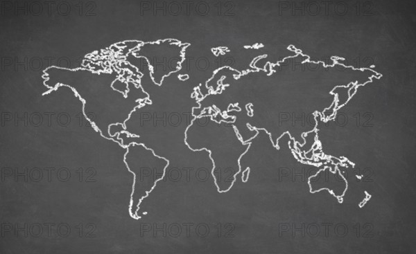 World map drawn on chalkboard. Chalk and blackboard