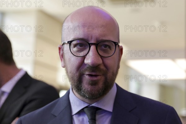 Sofia, Bulgaria - 16 May 2018: Prime minister of Belgium Charles Michel attends to a exhibition of paintings in a business building in Sofia