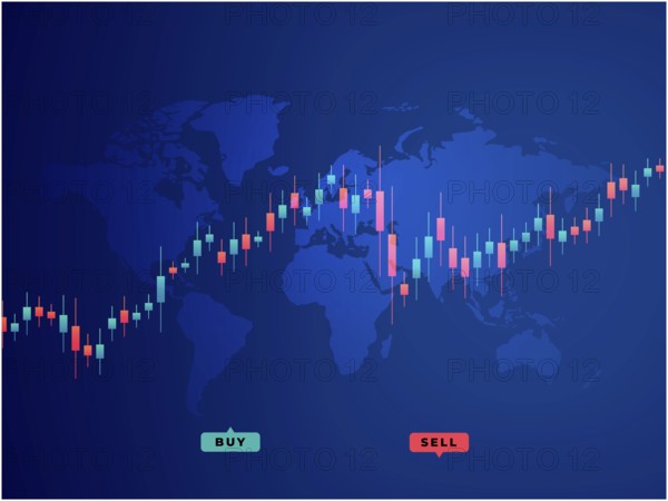 Buy and sell trading crypto candlesticks blue background