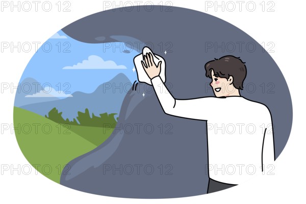Smiling man clearing view with rag. Person overcome depression and mental problems. Concept of self-rehabilitation and recovery. Psychological counseling. Vector illustration