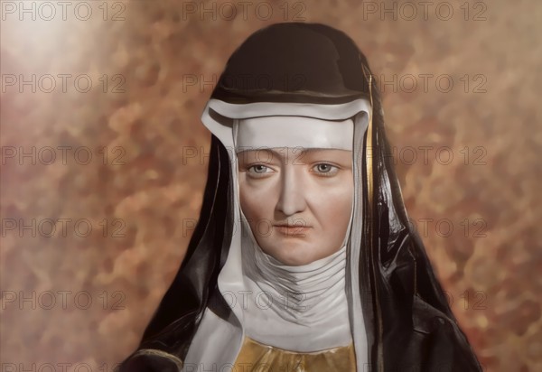 Figure of Hildegard of Bingen, Sibyl of the Rhine, 1098 – 1179, German Benedictine abbess and polymath, digitally edited