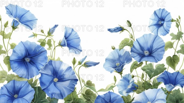 Watercolor painting of blue flowers with green leaves on a white background, AI generated
