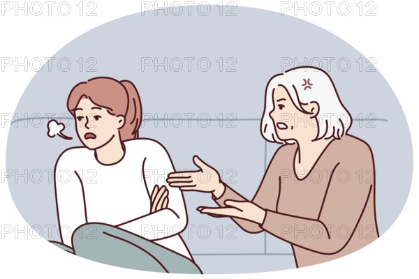 Mature mother scold unhappy grownup daughter at home. Elderly mom lecture stressed annoyed adult girl child. Generation gap. Vector illustration