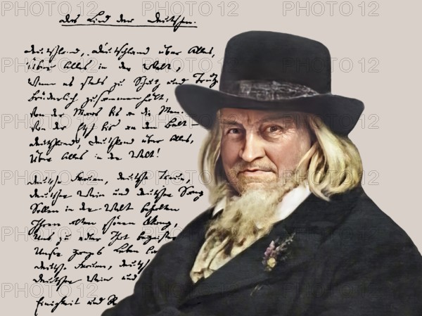 August Heinrich Hoffmann, Hoffmann von Fallersleben, 1798 –1874, German poet, digital edited according to a painting by Ernst Henseler, his own manuscript oft he German national anthem