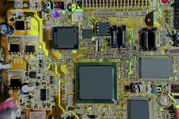 Mainboard computer hardware electronics macro detail with color manipulation