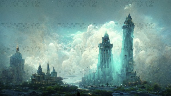 Illustration of Atlantis, acient civilization, history and mythology, legend city sunken under the water