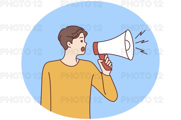 Young man with loudspeaker shouting about deal or promotion. Male hold megaphone make announcement attract attention. Advertising. Vector illustration