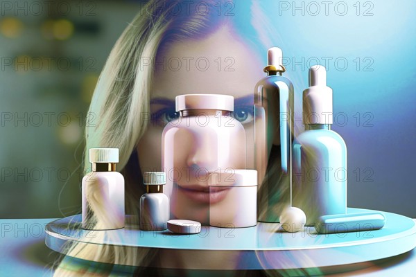 AI generated Futuristic image Futuristic image Close-up of cosmetic bottles, with a blurred image of a woman in the background, AI generated