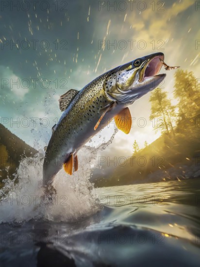 A trout jumps high out of the water to catch a moth in flight, AI generated, AI generated