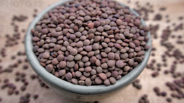 Whole Brown Lentils in a Blue Bowl, Rustic Close-Up Shot, Vegan Food