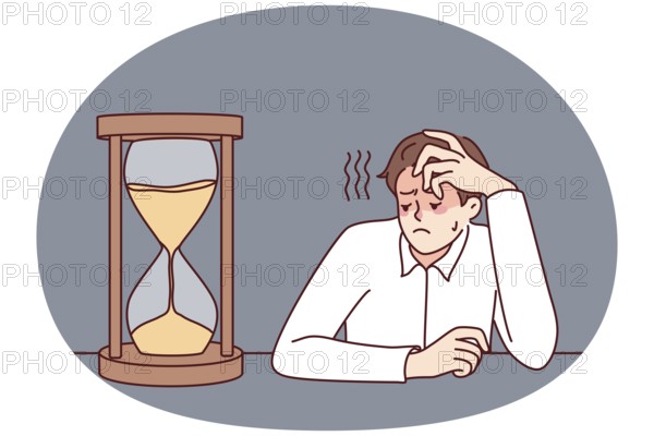 Exhausted businessman looking at hourglass feel bored and overwhelmed. Tired male employee look at sand clock wait for working day end. Vector illustration