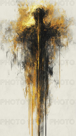 Ethereal abstract of a figure appearing to levitate with golden and black strokes, AI generated