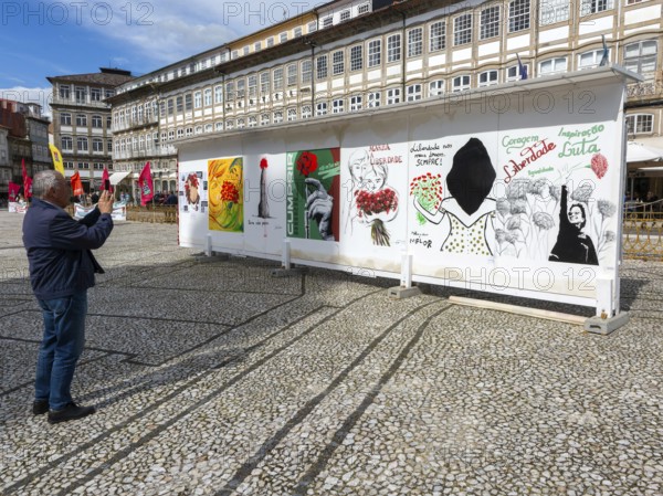 Display of feminist artworks, Largo do Toural, Toural square, city of Guimaraes, northern Portugal