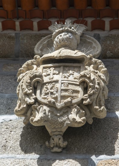 Stonework carving of noble family coat of arms, 15 Rua de Donas, city of Guimaraes, northern Portugal