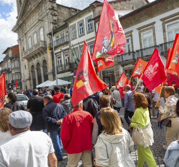 Political rally and march for May Day in city of Guimaraes, Braga district, northern Portugal, Europe - 1st May 2025