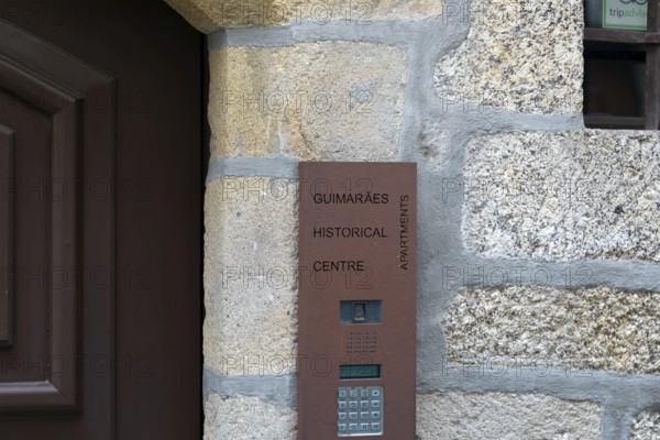 Sign for apartments in historical centre 15 Rua de Donas, city of Guimaraes, northern Portugal