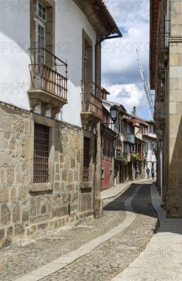 Street of historic buildings with balconies, Rua João Lopes de Faria, city centre Guimaraes, northern Portugal