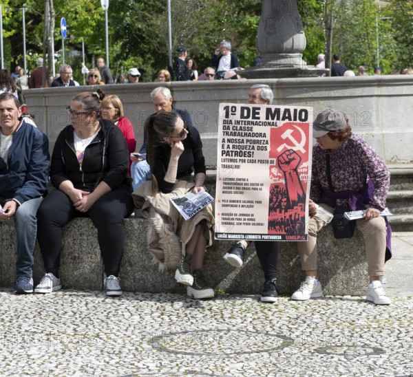 May Day political poster, Largo do Toural, Toural square, city of Guimaraes, northern Portugal