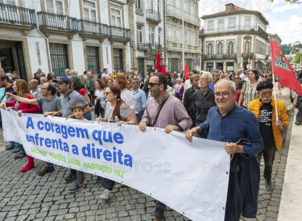 Political rally and march for May Day in city of Guimaraes, Braga district, northern Portugal, Europe - 1st May 2025